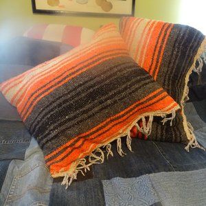 2 pillows made from Mexican blankets, orange, bl, wh, 15" x 18"